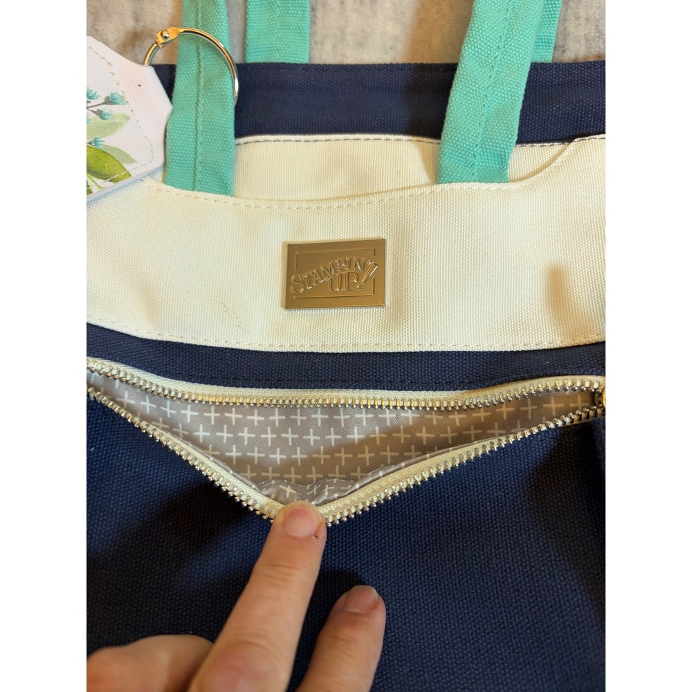 Stampin Up Canvas Craft Tote Bag Navy Blue Cream Teal Organizer Shoulder Bag - Picture 4 of 9